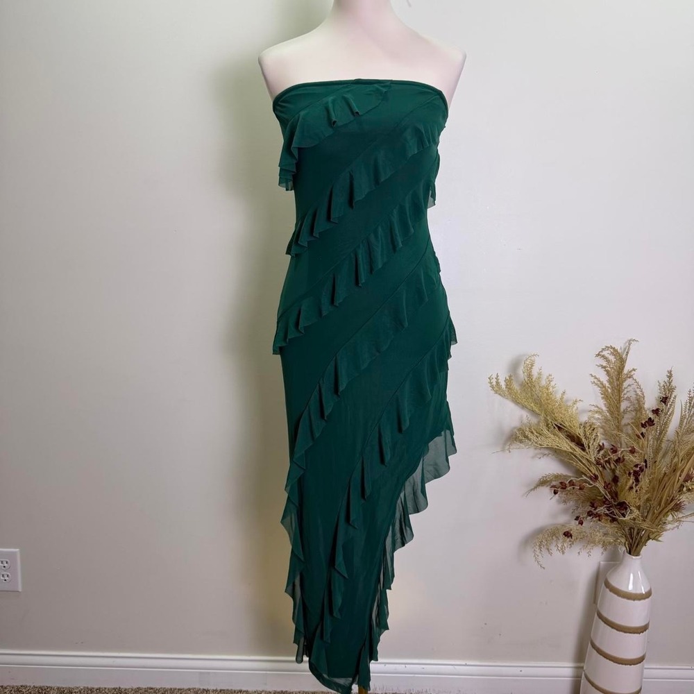 Pretty Garden Green Size S Strapless Asymmetric Ruffled Mesh Dress